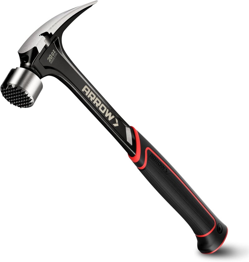 Arrow Fastener مطرقة ARROW 20 أونصة ذات مخلب مستقيم مع حامل مسمار مغناطيسي، مزيل مسمار جانبي، مطرقة مخلب ممزقة بوجه مشغول ومقبض ماص للصدمات، مطرقة ثقيلة مصنوعة من قطعة واحدة. - Image 1